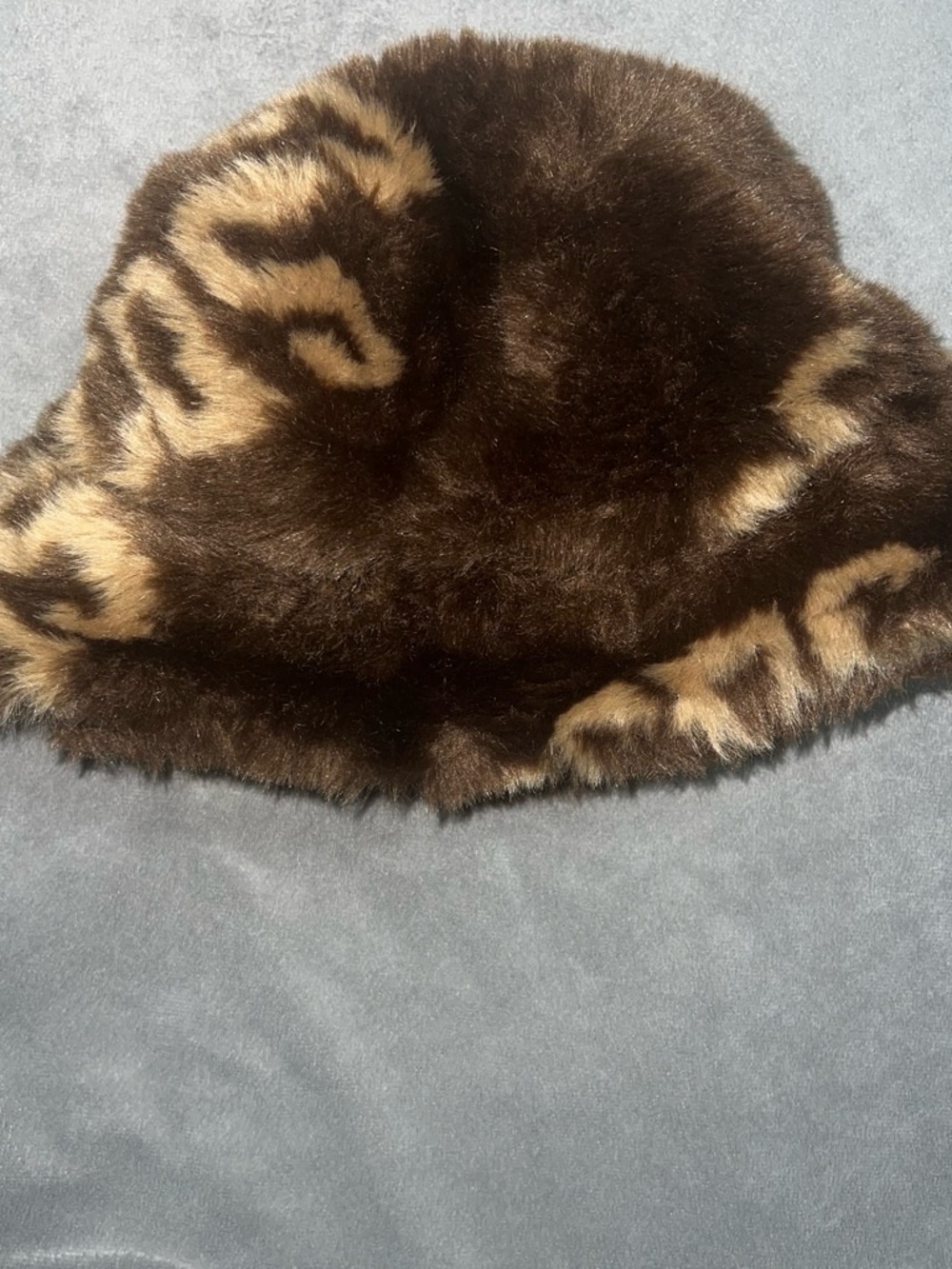 GCDS Faux Fur Bucket Hat in Dark Brown with Tan Accents
